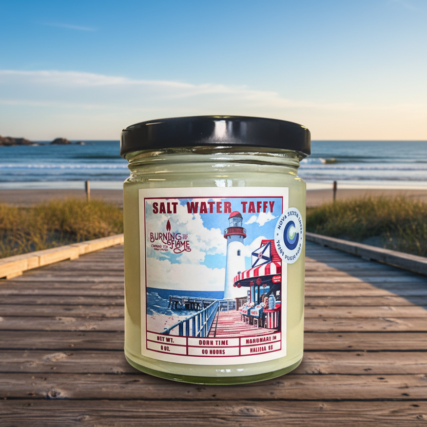 Candle in a jar with a photo of a lighthouse.
