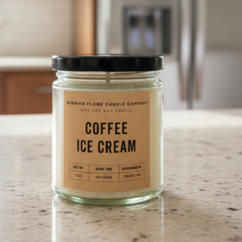 Hand-poured soy candle in glass jar with Coffee Ice Cream scent, inspired by creamy coffee and vanilla notes, made in Nova Scotia