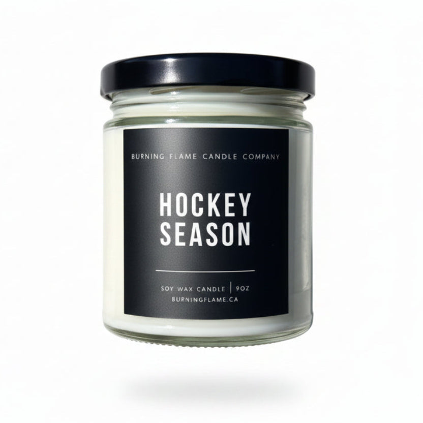 Hand-poured soy candle in glass jar, Hockey Season inspired by crisp winter air and fresh notes, made in Nova Scotia