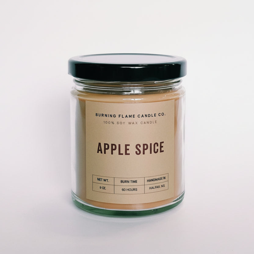 A 100% soy wax candle by Burning Flame Candle Co. in a clear glass jar with a beige label reading 'APPLE SPICE' and a black lid, set against a plain white background.