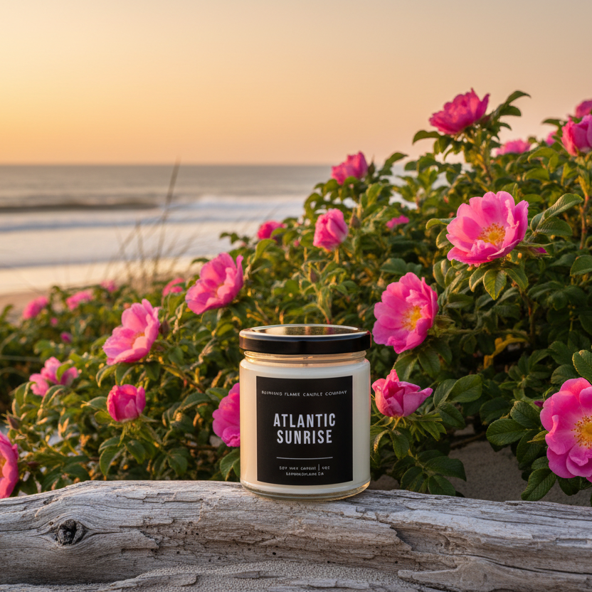 Candle labeled 'Atlantic Sunrise' on a wooden surface with pink flowers and ocean view in the background