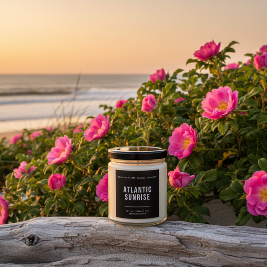 Candle labeled 'Atlantic Sunrise' on a wooden surface with pink flowers and ocean view in the background