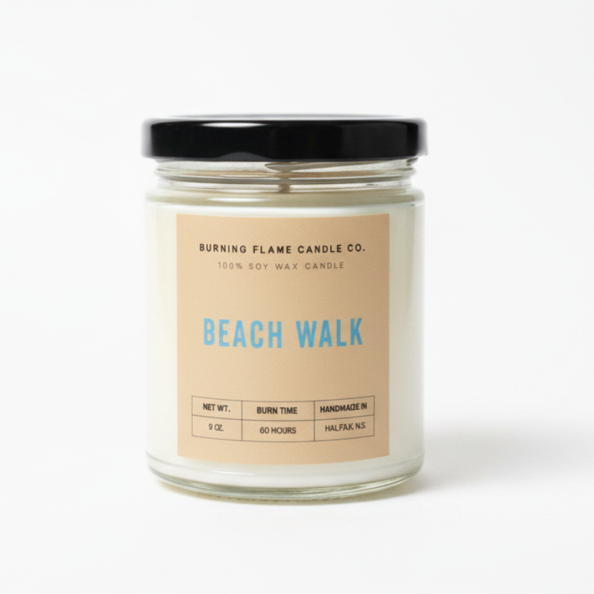 Candle jar labeled 'Beach Walk' by Burning Flame Candle Co. 
