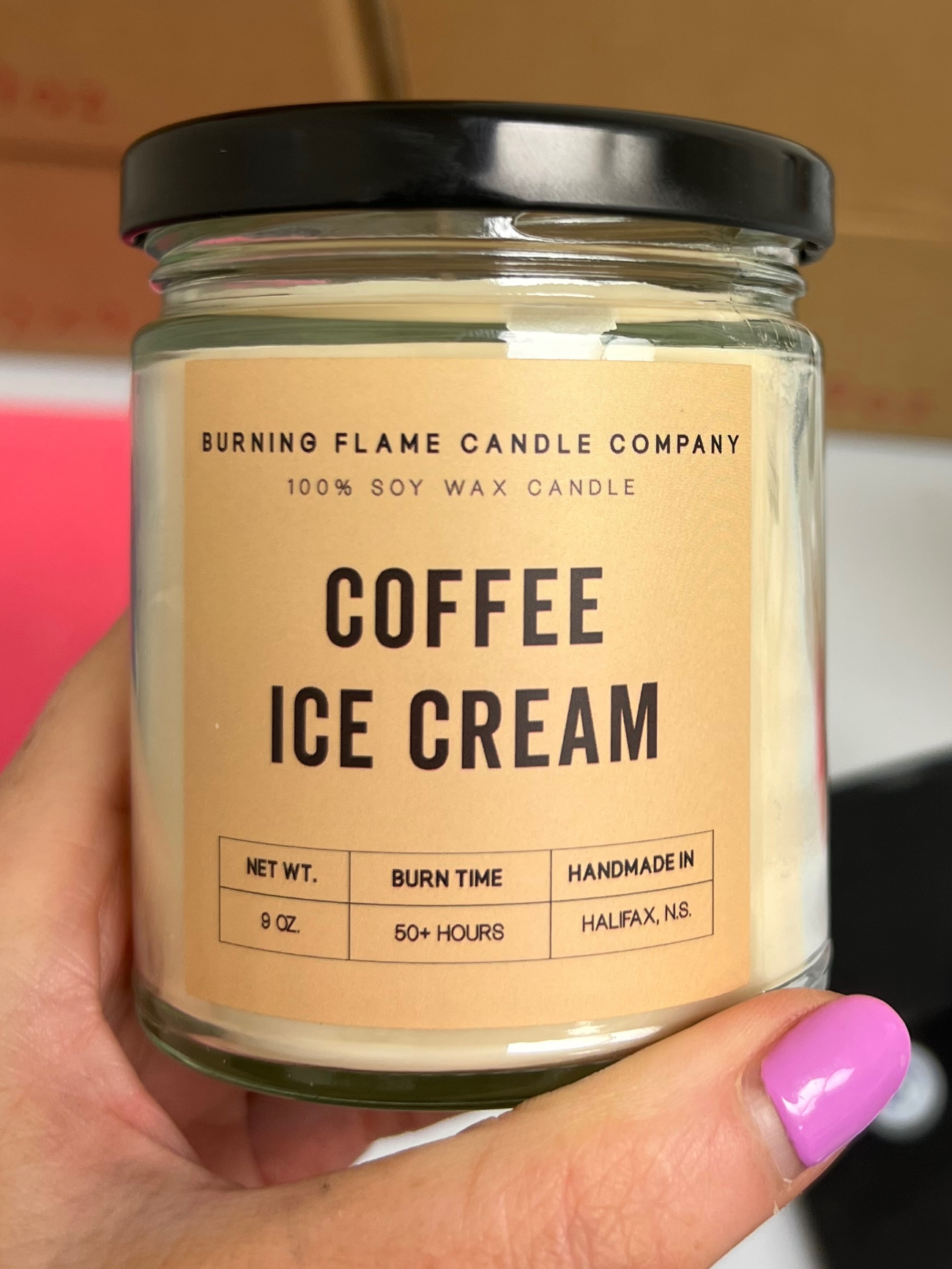 Hand-poured soy candle in glass jar with Coffee Ice Cream scent, inspired by creamy coffee and vanilla notes, made in Nova Scotia