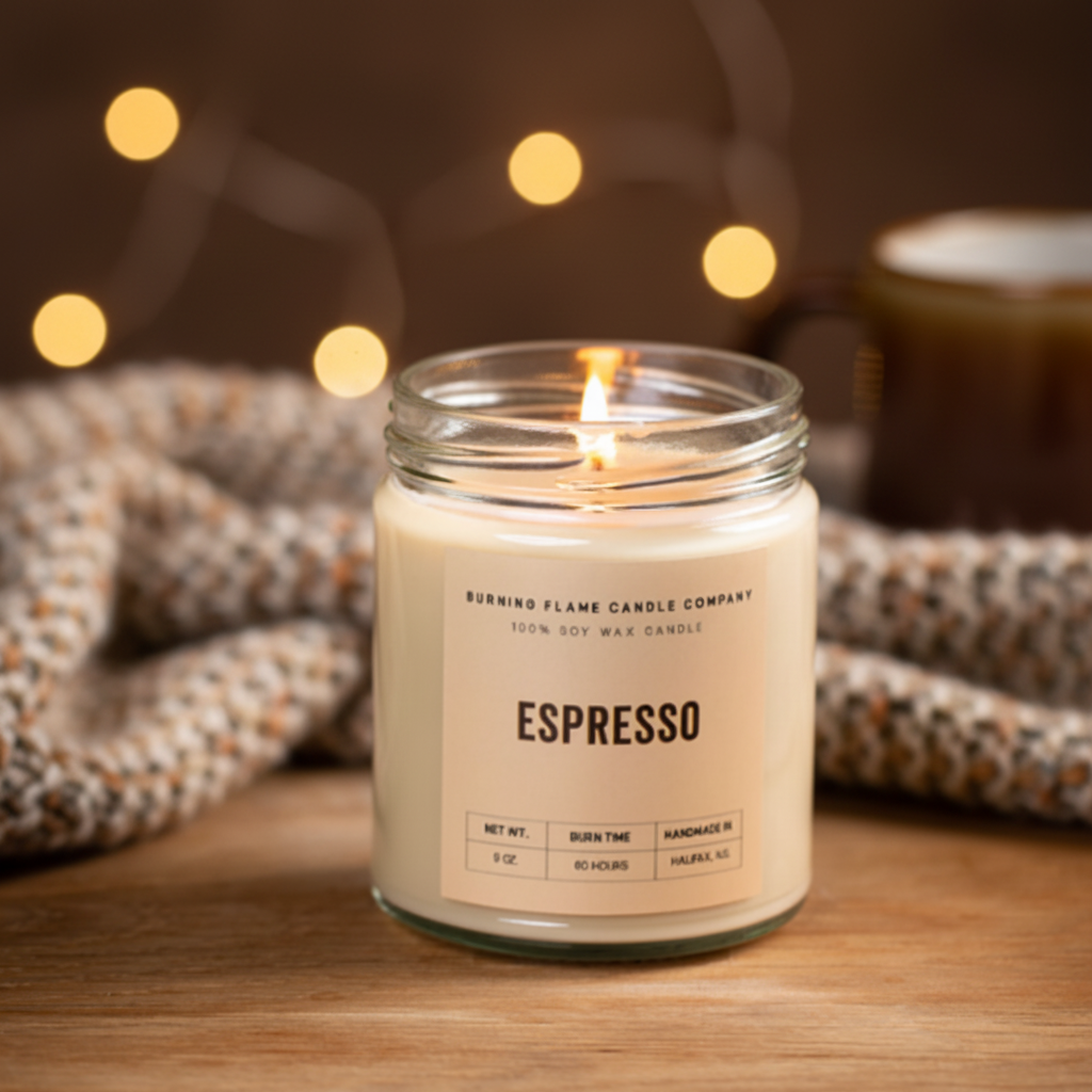 Espresso candle on a table.
