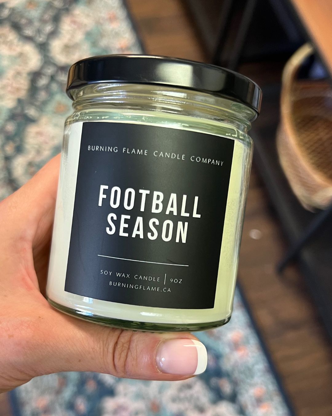 Hand-poured soy candle in glass jar with Fresh Baked Apple Pie scent, inspired by warm cinnamon and baked apple notes, made in Nova Scotia.