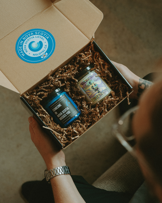 Nova Scotia candle gift box featuring the Someone in Nova Scotia Misses You and Moon Mist candles, hand-poured soy candles in glass jars, made in Nova Scotia
