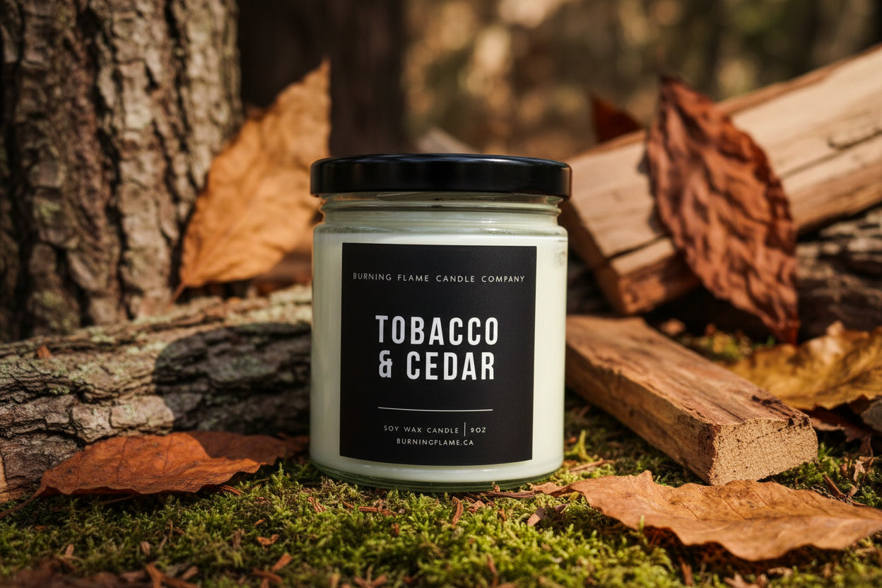 Hand-poured soy candle in glass jar with Tobacco Cedar scent, black label design, made in Nova Scotia
