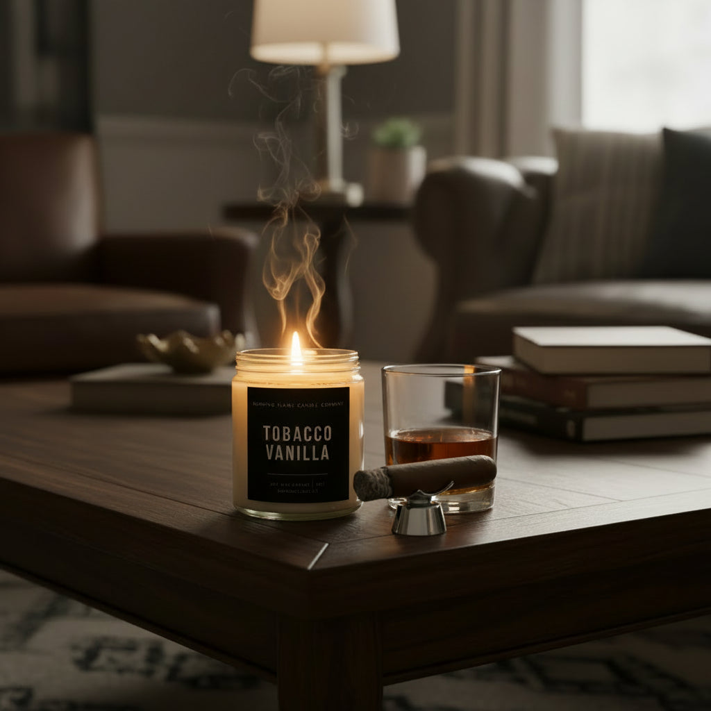 A jar candle labeled Tobacco Vanilla by Burning Flame Candle Company.