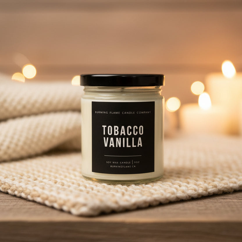 A jar candle labeled Tobacco Vanilla by Burning Flame Candle Company.